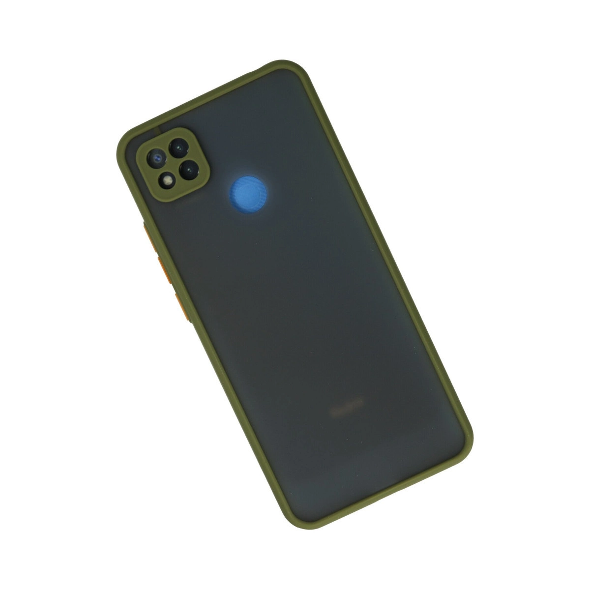 Kamera modülü ve mavi parmak izi sensörüne sahip zeytin yeşili kılıflı akıllı telefon.