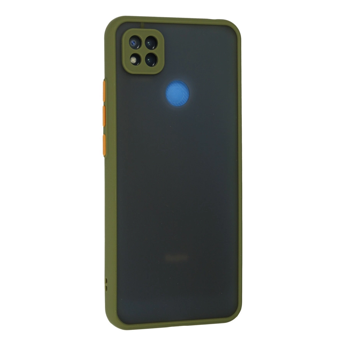 Siyah arka yüzü, turuncu tuşları ve dörtlü kamerası olan yeşil telefon kılıfı.