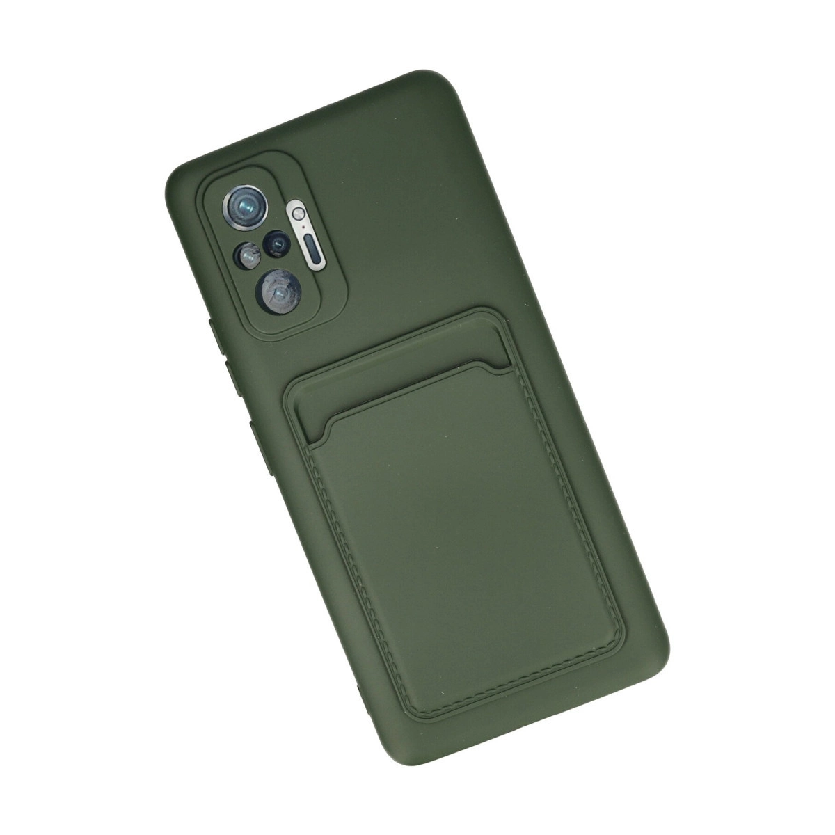 Arkasında kart cebi ve kamera boşluğu olan koyu yeşil akıllı telefon kılıfı, beyaz arka plan üzerinde.