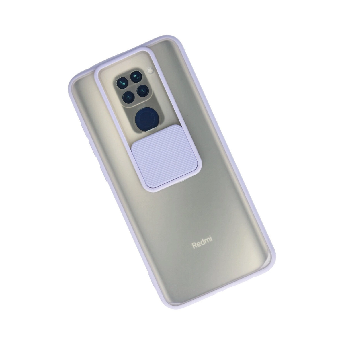 Beyaz arka planda gri kılıf ve sürgülü kamera kapağı olan bir Redmi akıllı telefonun arkası.