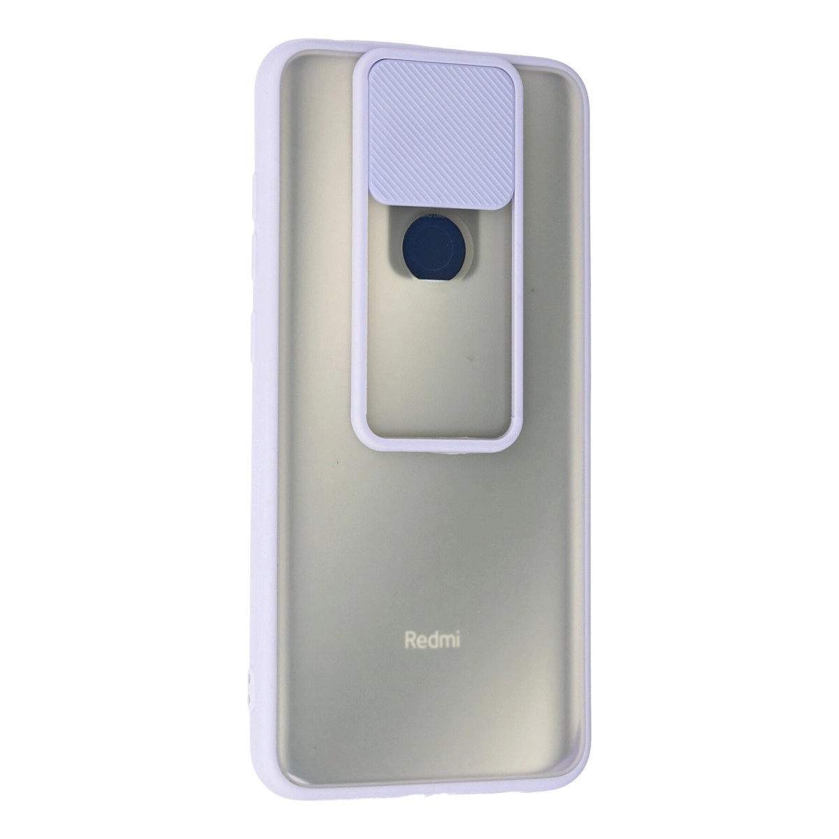 Beyaz arkaplanda, kayar kamera kapaklı ve yarı saydam arka yüzeyli açık mor Redmi telefon kılıfı.