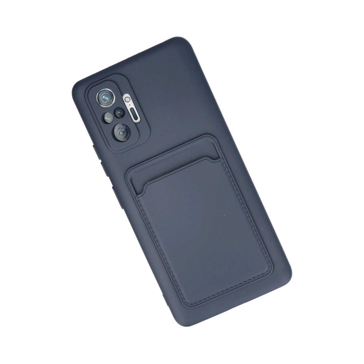 Arkasında entegre kart cebi ve kamera kesimi olan koyu mavi telefon kılıfı.