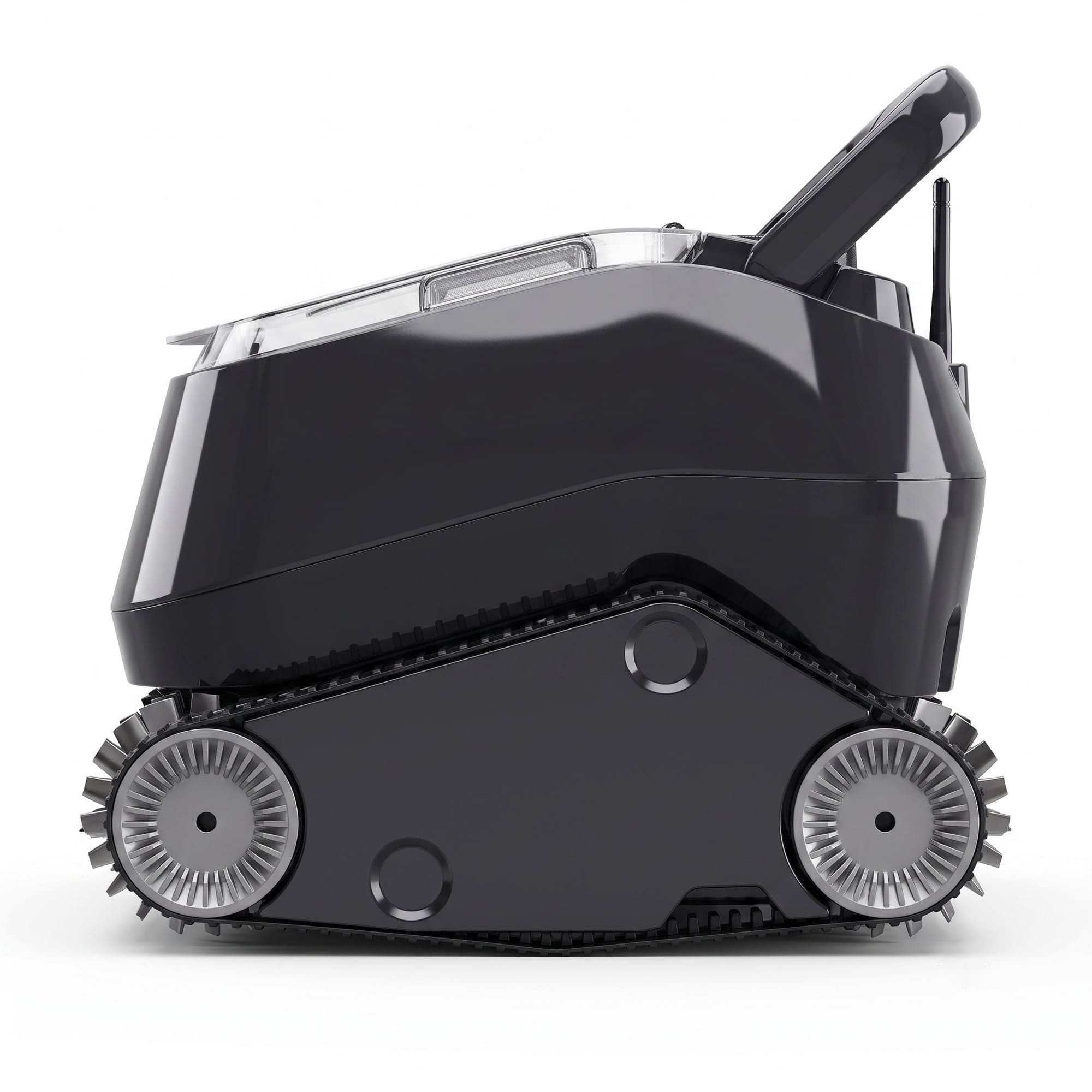 Un elegante robot puliscipiscina nero con cingoli e maniglia su sfondo bianco.