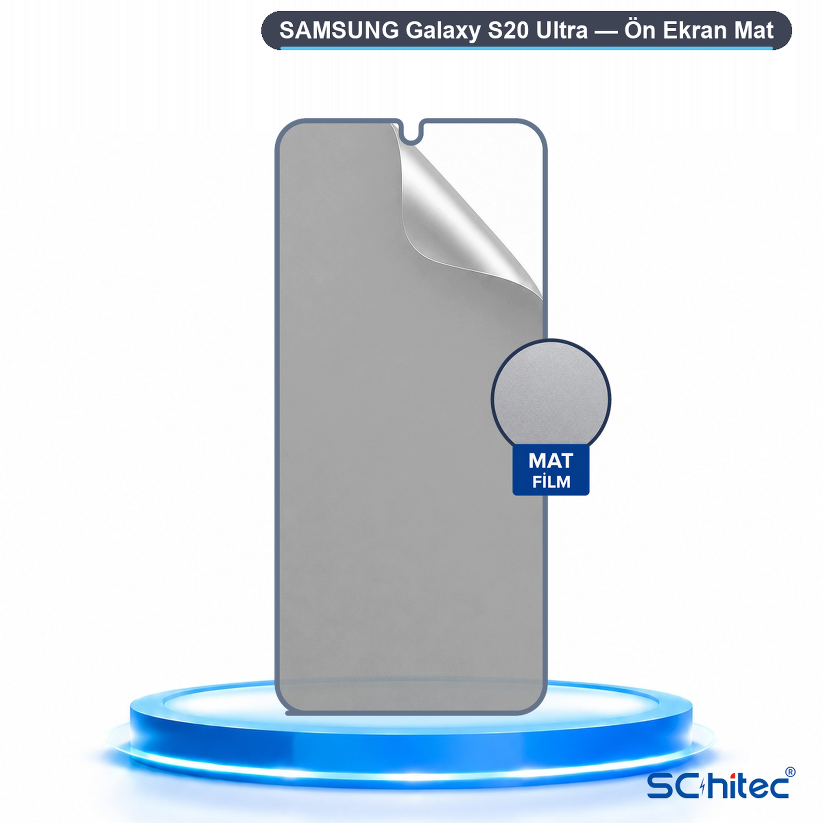 Aydınlatmalı mavi kaide üzerinde Samsung Galaxy S20 Ultra mat ekran koruyucu.