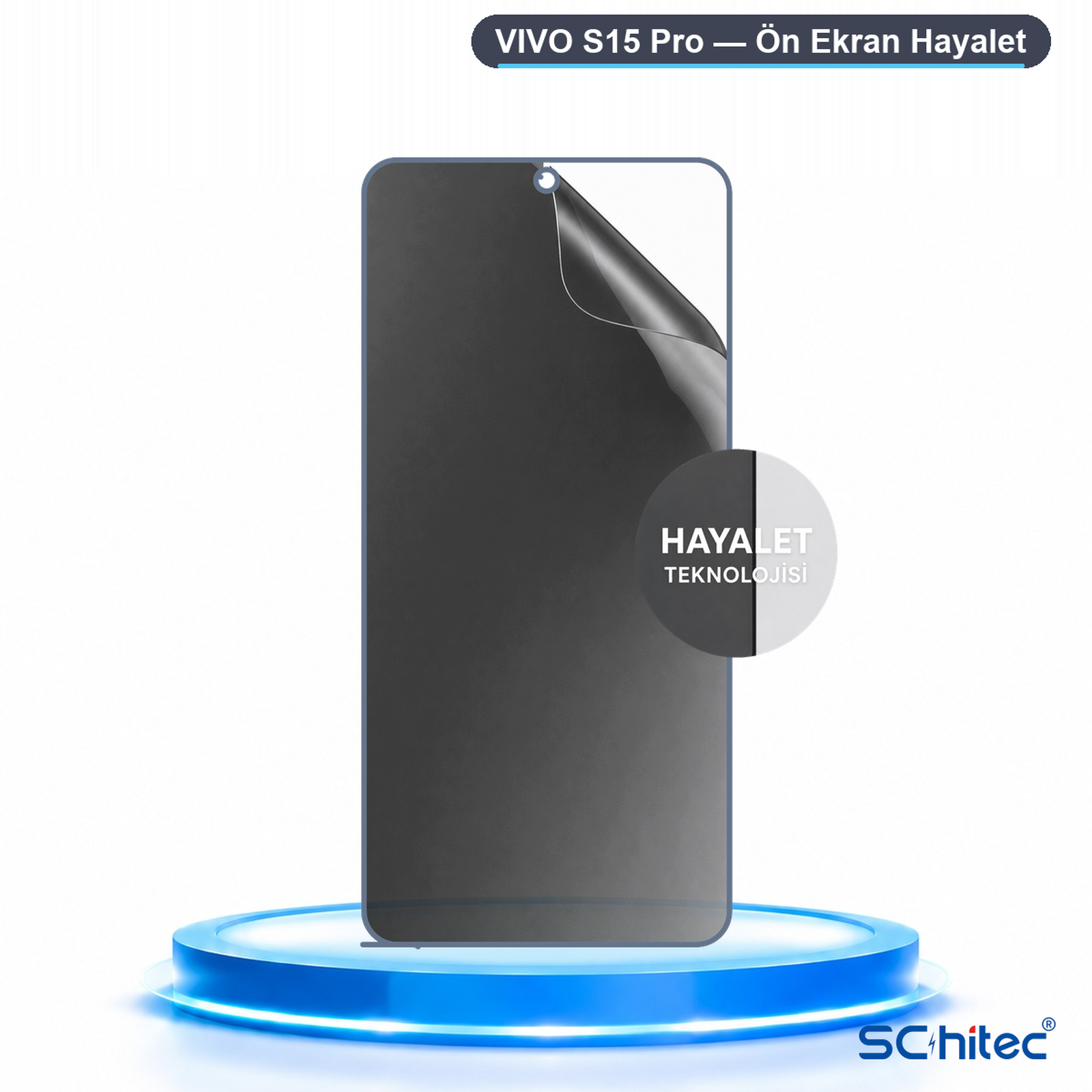 Parlayan mavi bir kaide üzerinde Vivo S15 Pro ekran koruyucu.