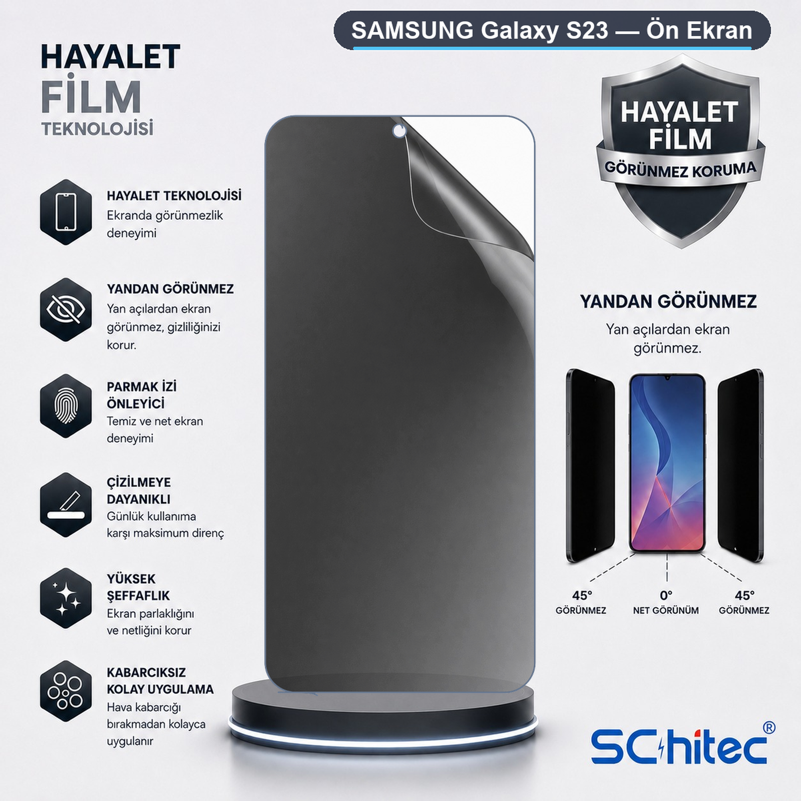 Samsung Galaxy S23 gizlilik ekran koruyucu, çizilmeye dayanıklı ve kabarcıksız.