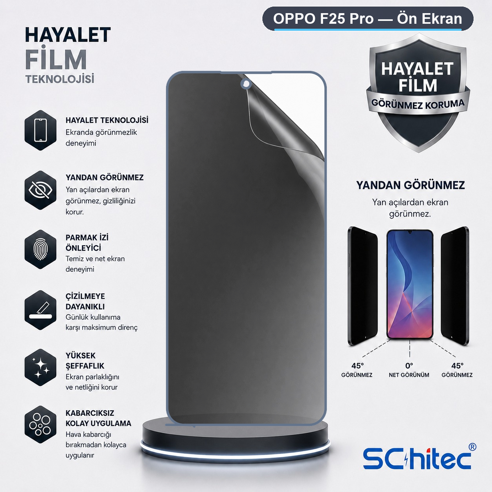Oppo F25 Pro hayalet ekran koruyucu reklamı; gizlilik, çizilmezlik ve kolay uygulama özelliklerini gösteriyor.
