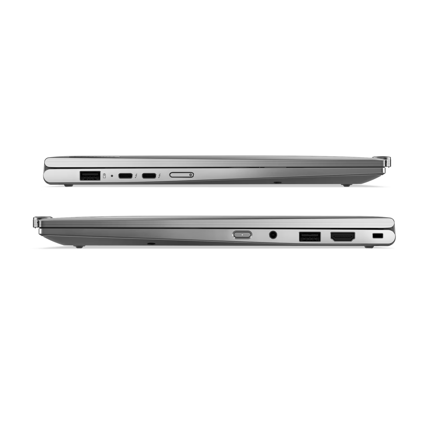 İnce gümüş bir dizüstü bilgisayarın yan profilleri, USB-C ve HDMI gibi bağlantı noktaları.