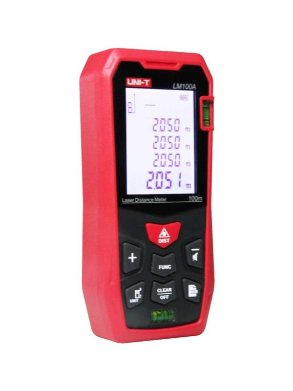 Dijital ekranlı ve siyah kontrol tuşlu kırmızı bir UNI-T LM100A lazer metre.