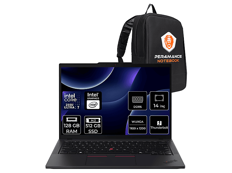LENOVO TP T14 FHD+ 21QC00CKTXP347 Intel Core Ultra 7 255U 128 GB RAM 512 GB SSD 16 inç FreeDOS Laptop+Çanta Siyah