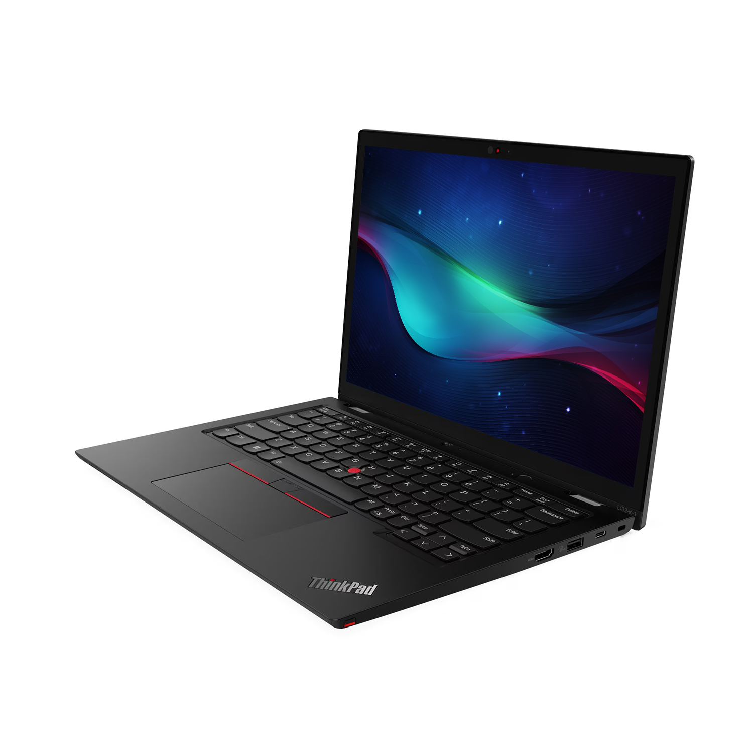 Mavi-yeşil ekran arka planına sahip siyah bir ThinkPad dizüstü bilgisayar beyaz arka planda açık.