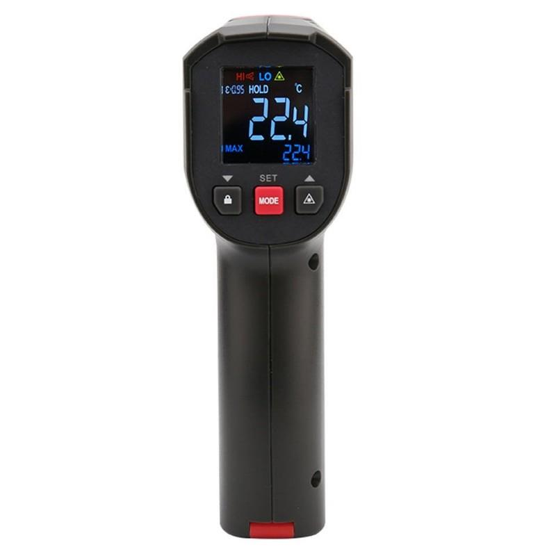 Siyah bir kızılötesi termometre, LCD ekranında 22.4 santigrat derece sıcaklığı gösteriyor.