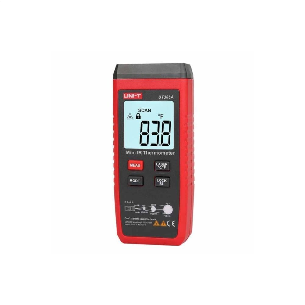 LCD ekranlı ve dört düğmeli kırmızı ve siyah bir UNI-T UT306A mini IR termometre.