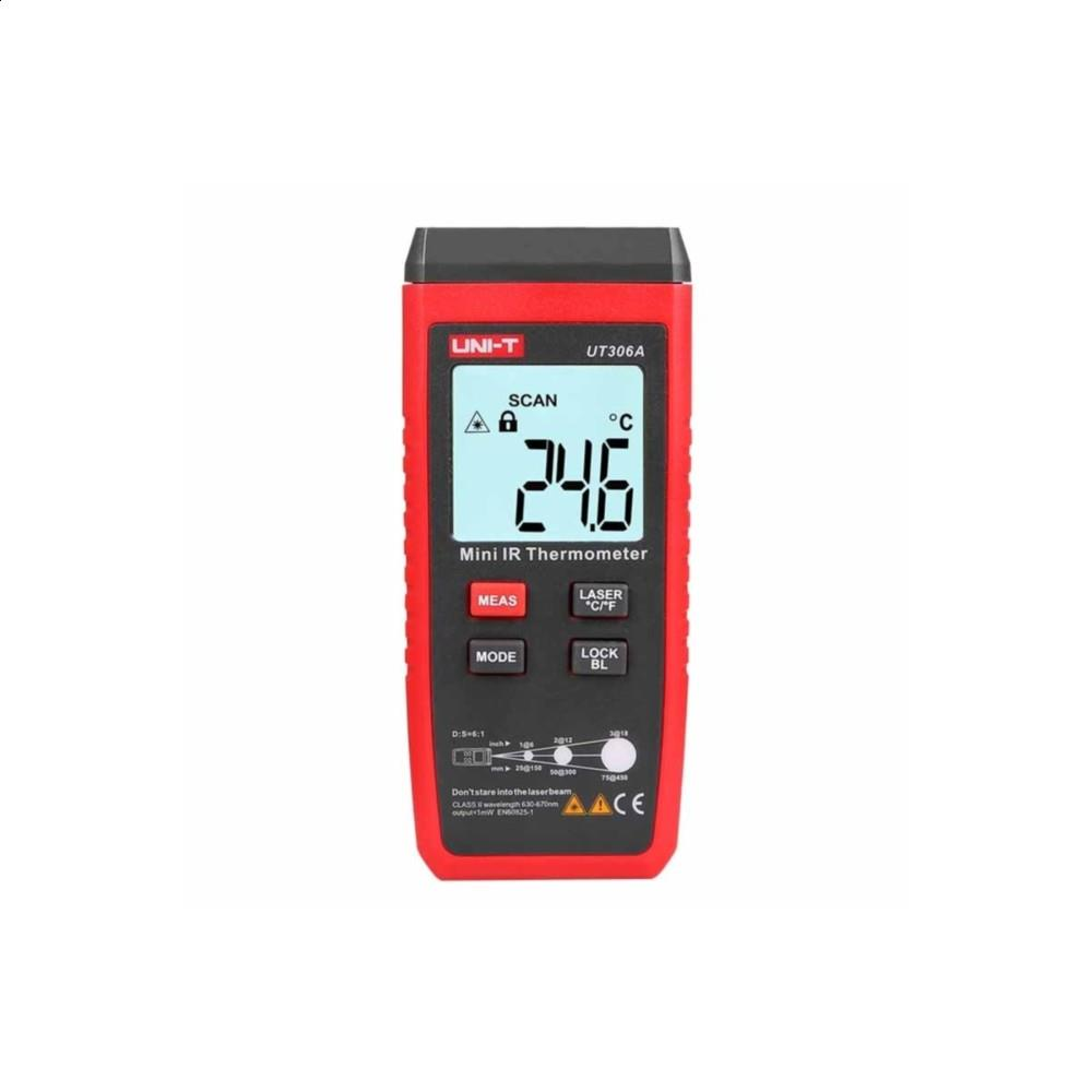 24,6 °C gösteren dijital ekrana sahip kırmızı bir mini kızılötesi termometre, beyaz arka planda.