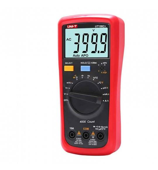 Siyah kontrol paneline ve dijital LCD ekrana sahip kırmızı bir dijital multimetre.