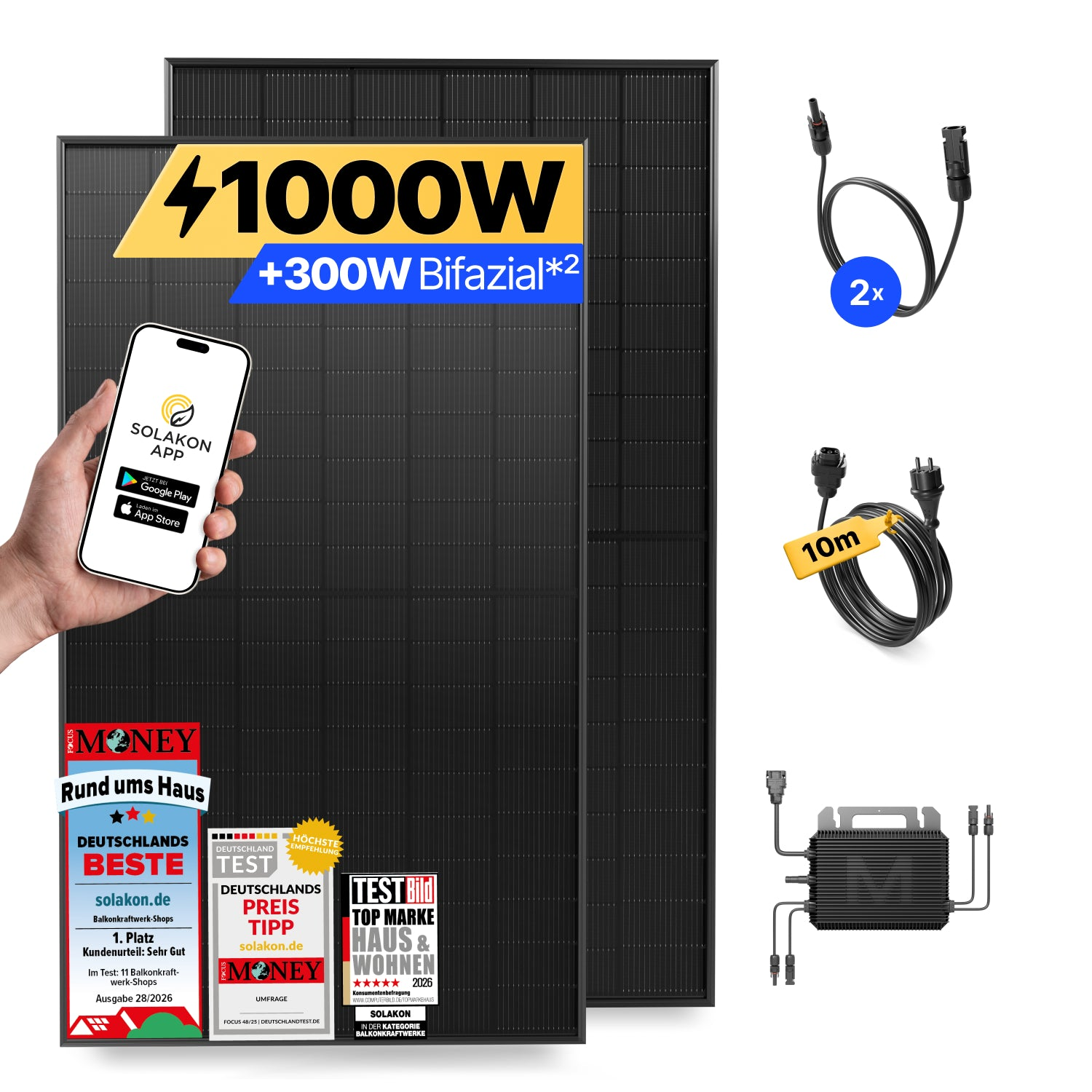 Zwei schwarze Solarmodule, eine Solakon App auf dem Smartphone, zwei Kabel und ein Wechselrichter.