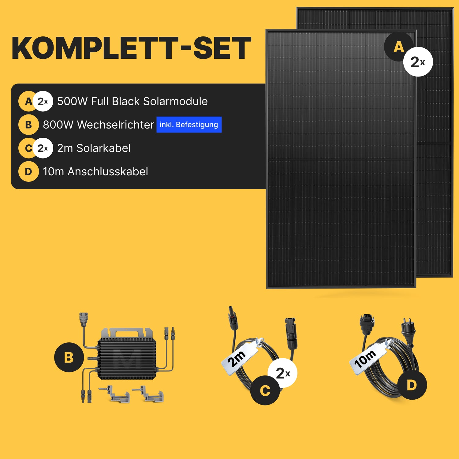 Solar-Komplettset mit zwei Solarmodulen, Wechselrichter und Kabeln auf gelbem Grund.