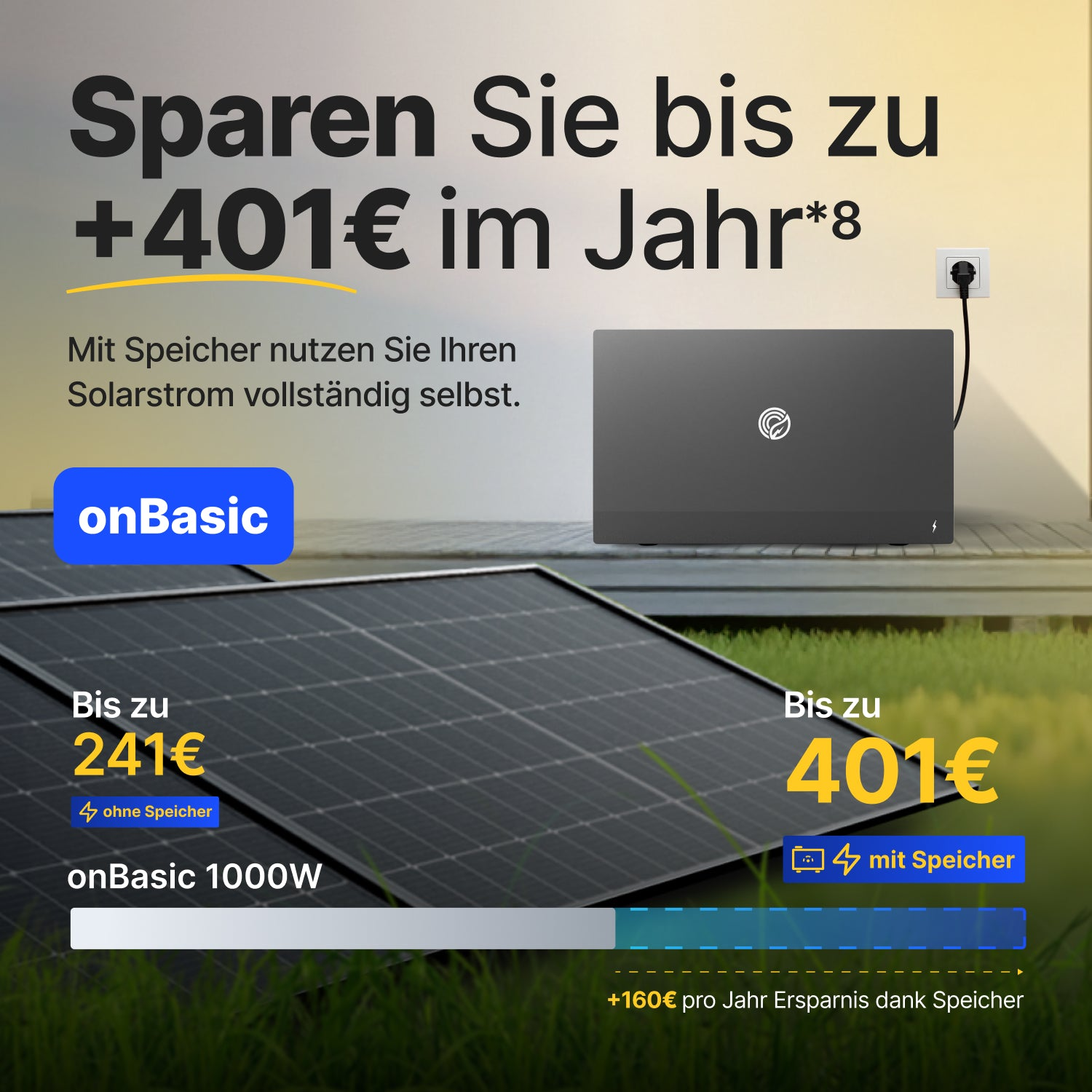 Werbung für Solarpanels mit Speicher und Text zu Einsparungen von bis zu 401 Euro pro Jahr.