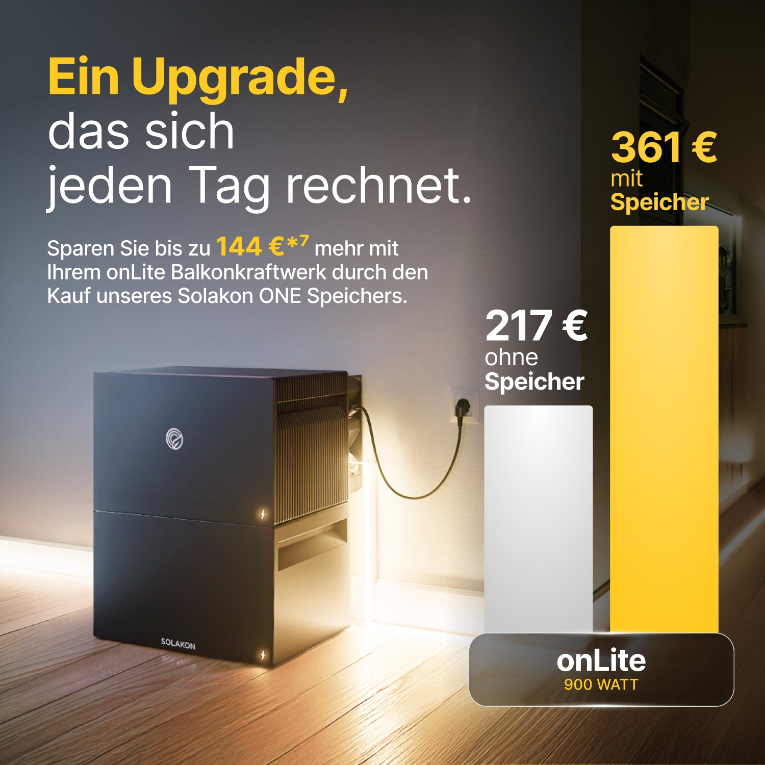 Werbung für Solakon ONE Solar-Speicher mit Preisvergleich und schwarzem Speichergerät in einem Raum.