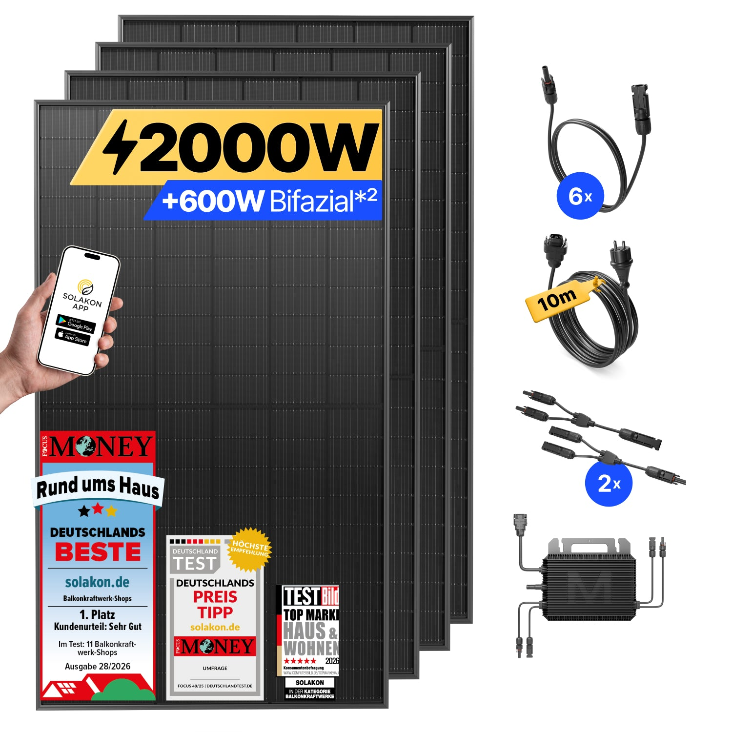 Vier Solarmodule mit Zubehör, Smartphone-App und Auszeichnungsschildern auf weißem Hintergrund.