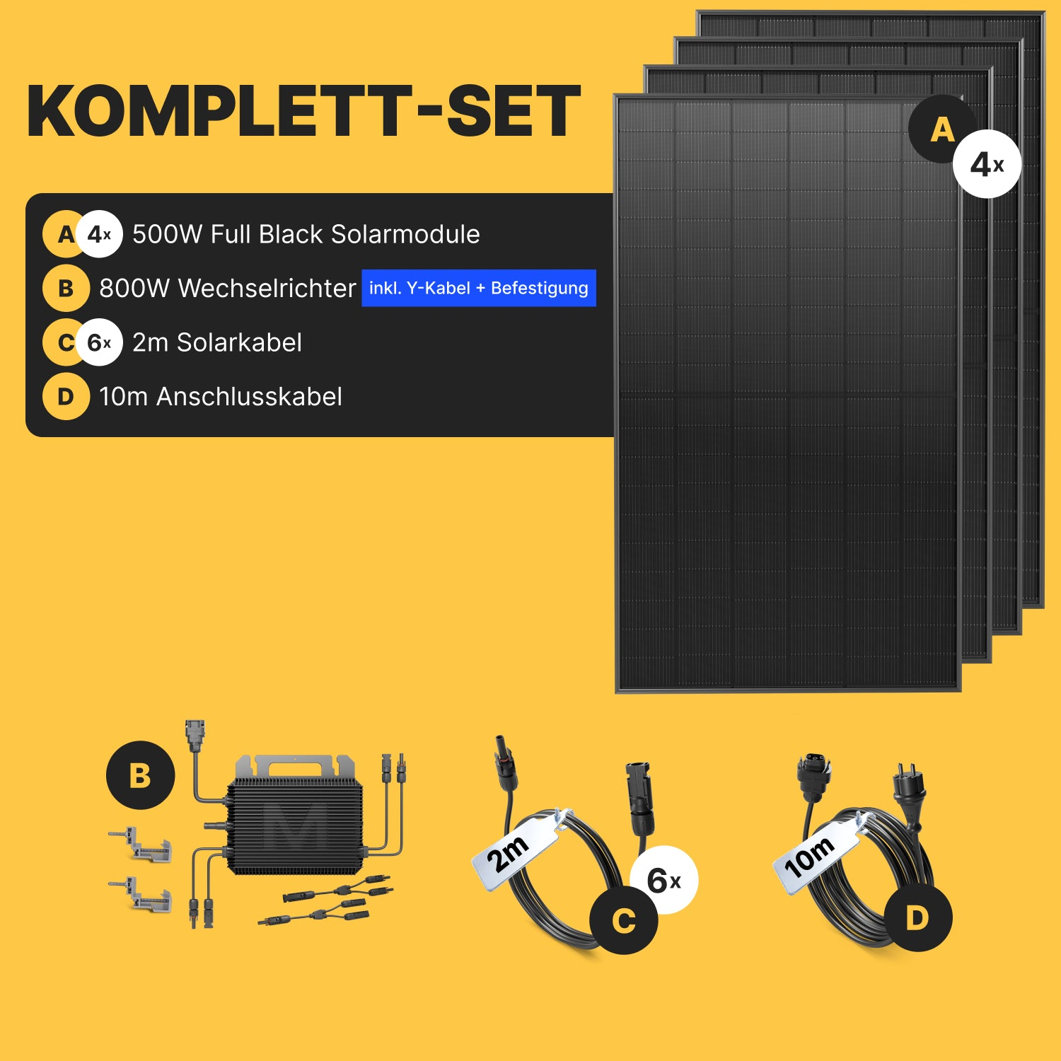 Set mit 4 Solarmodulen, 800W Wechselrichter, Kabeln und Zubehör auf gelbem Grund.