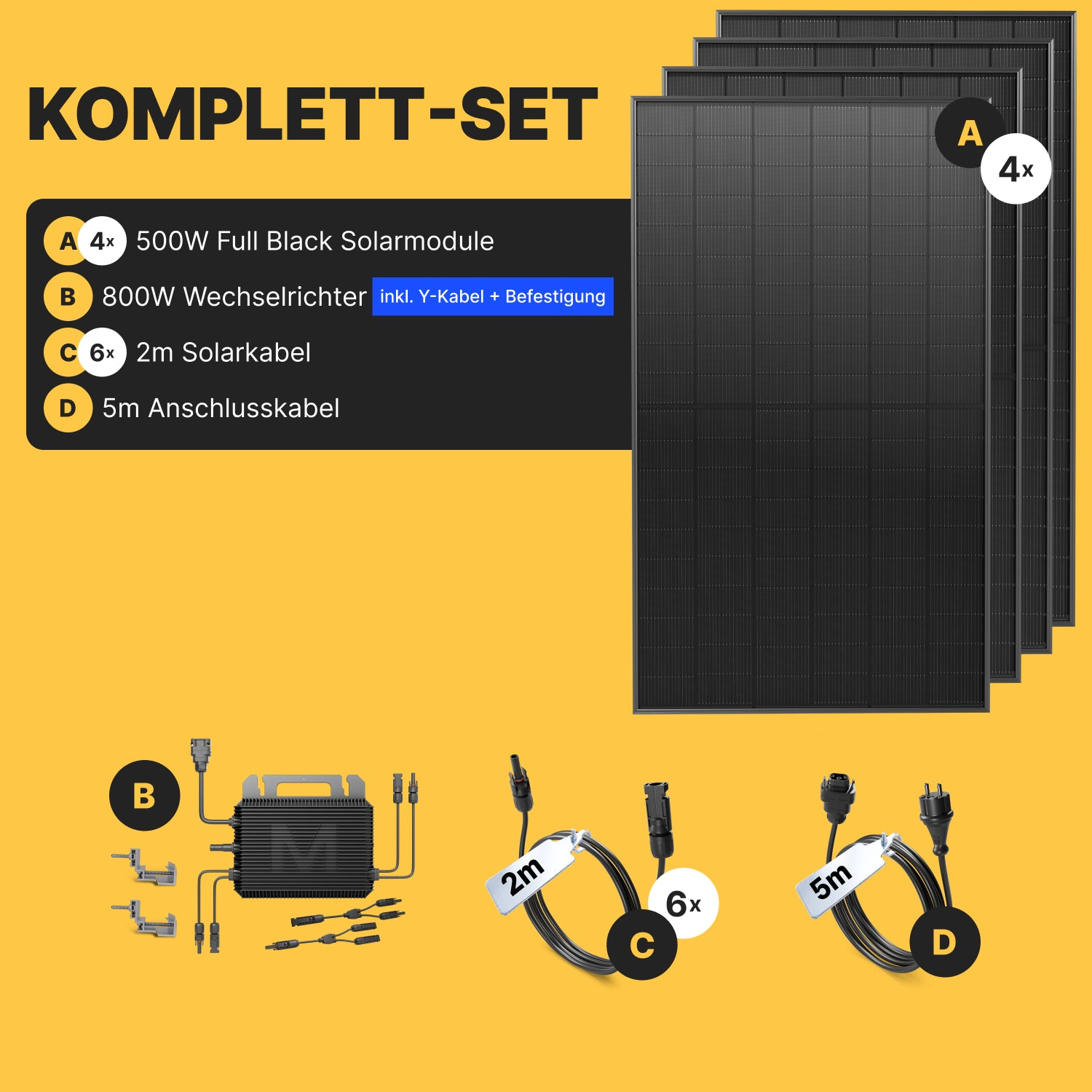 Set mit 4 Solarmodulen, Wechselrichter, Y-Kabel und Befestigung auf gelbem Hintergrund.