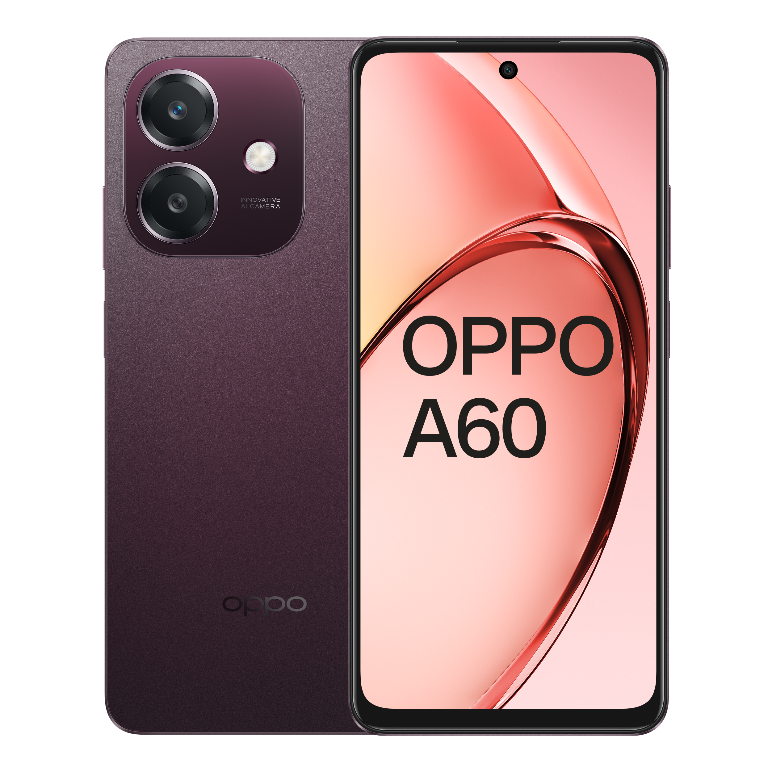 Smartphone Oppo A60 con retro viola, doppia fotocamera e display luminoso.
