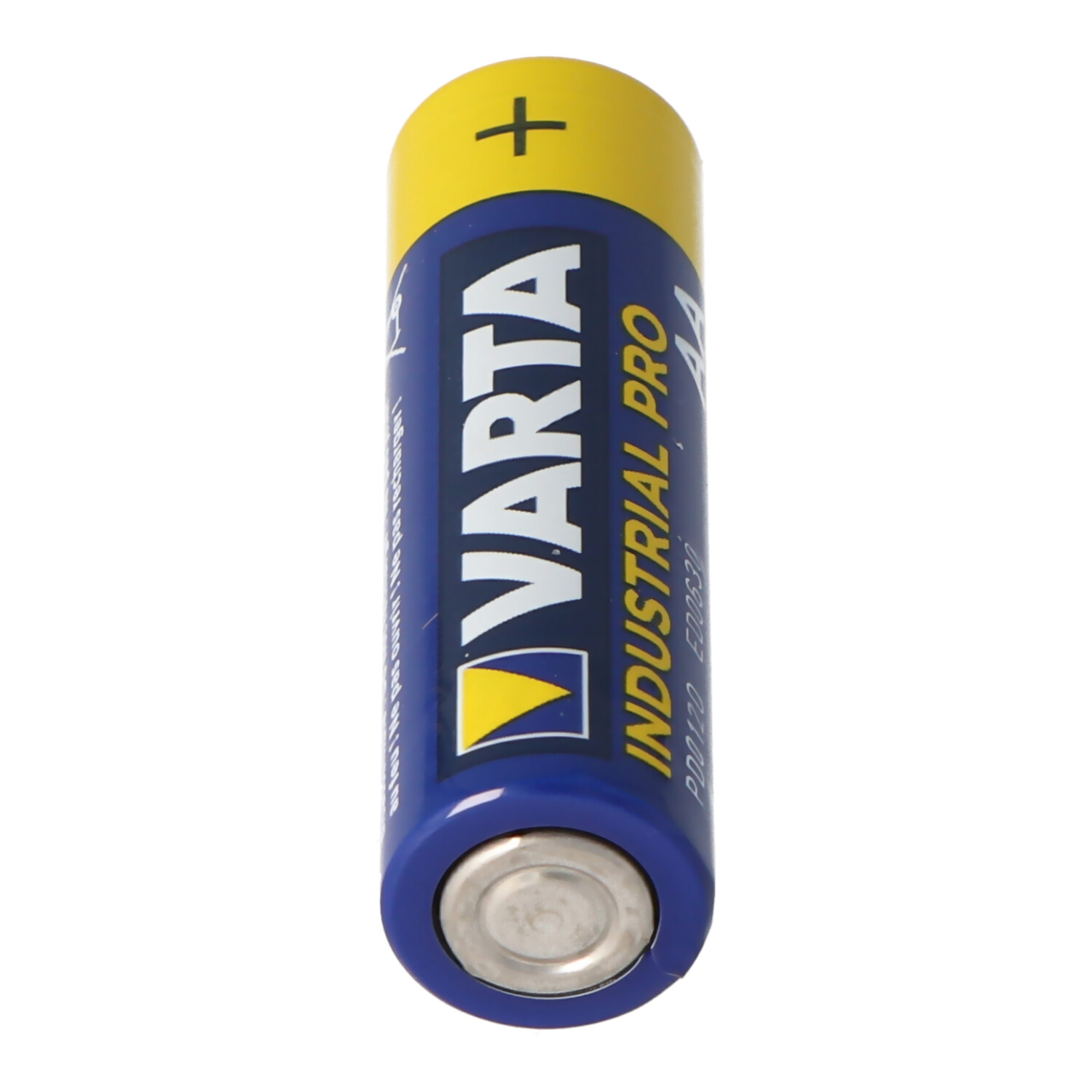 Eine blau-gelbe Varta Industrial Pro AA-Batterie steht aufrecht vor weißem Hintergrund.