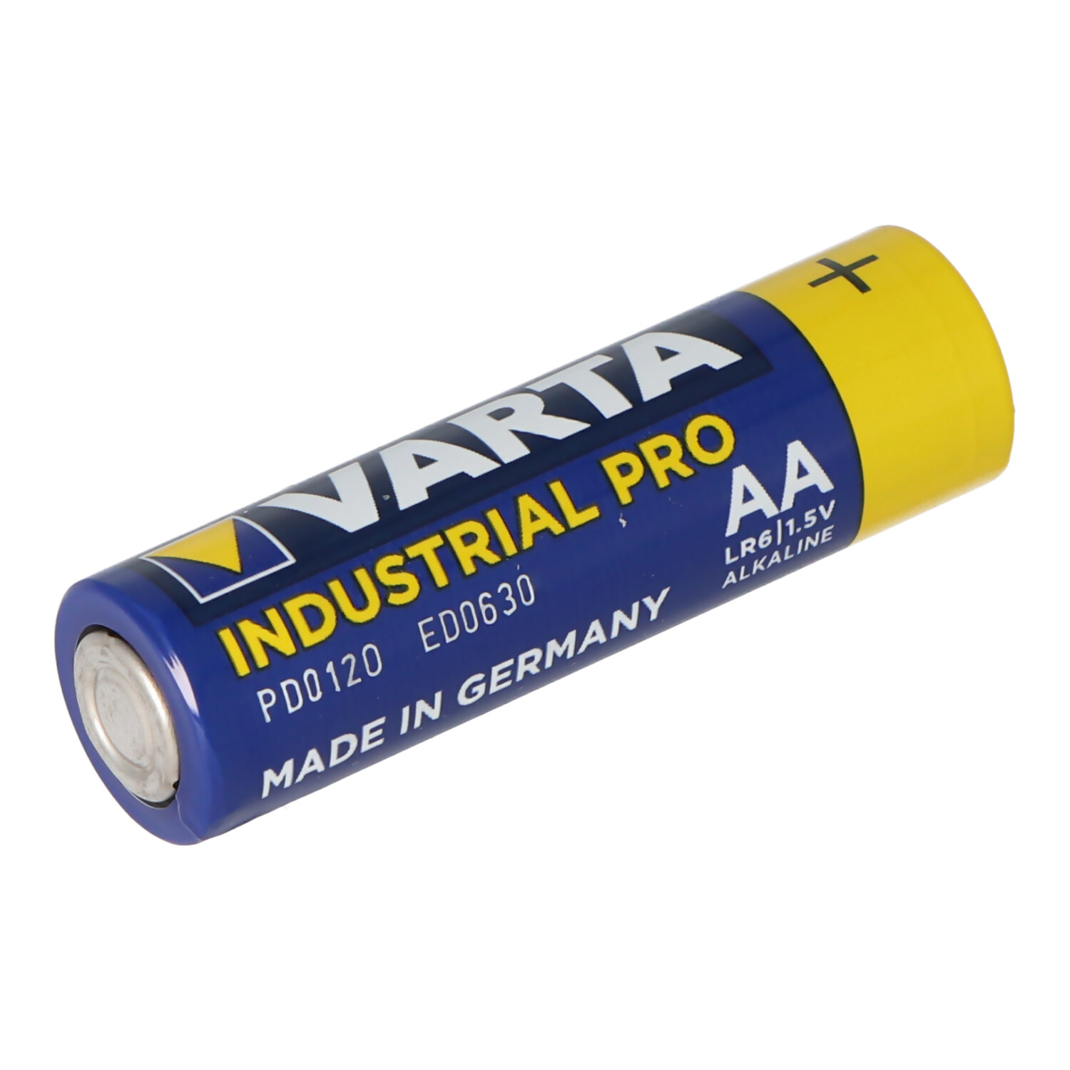 Eine blaue und gelbe AA-Alkalibatterie mit der Aufschrift Industrial Pro.