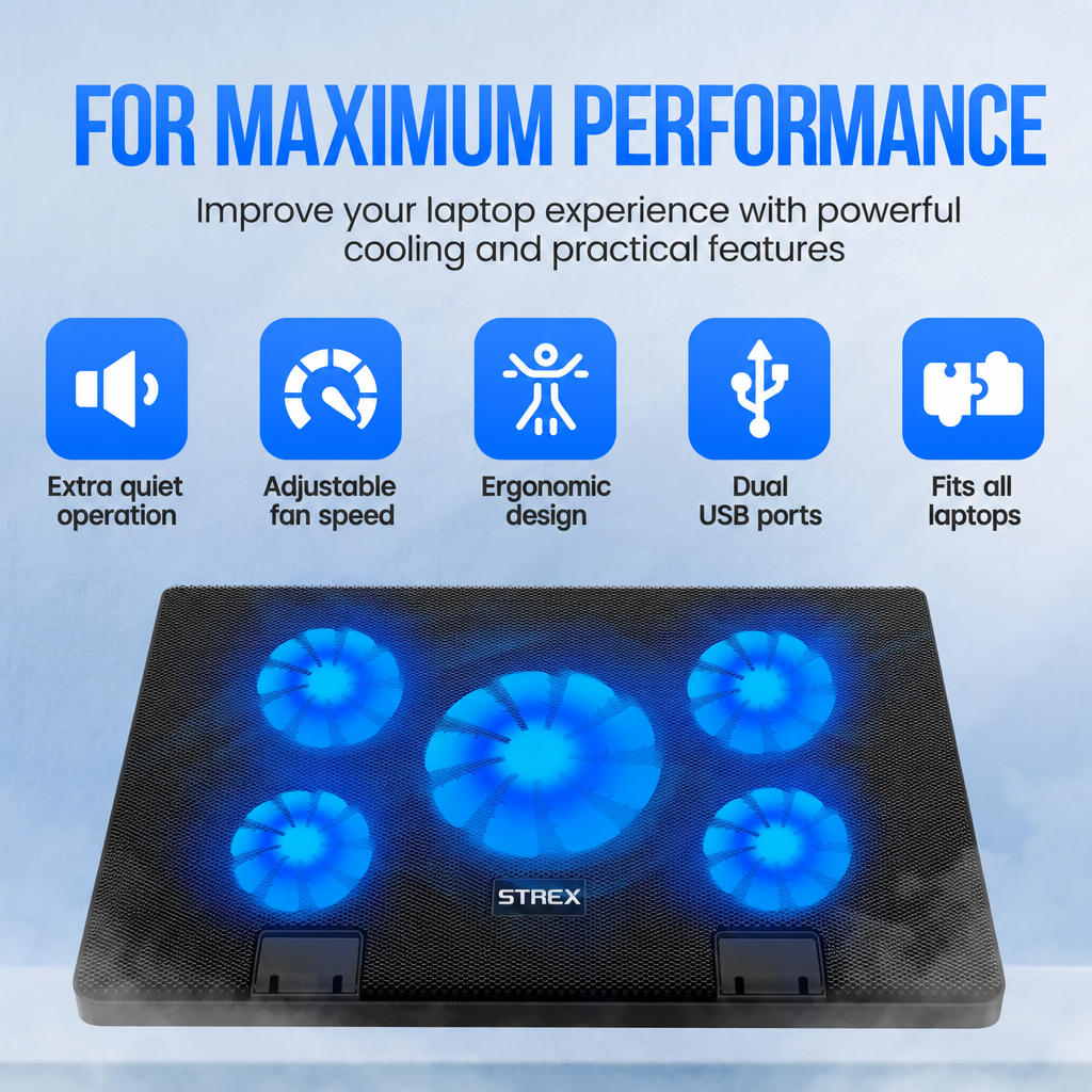 Base di raffreddamento per laptop con cinque ventole blu luminose e cinque icone.
