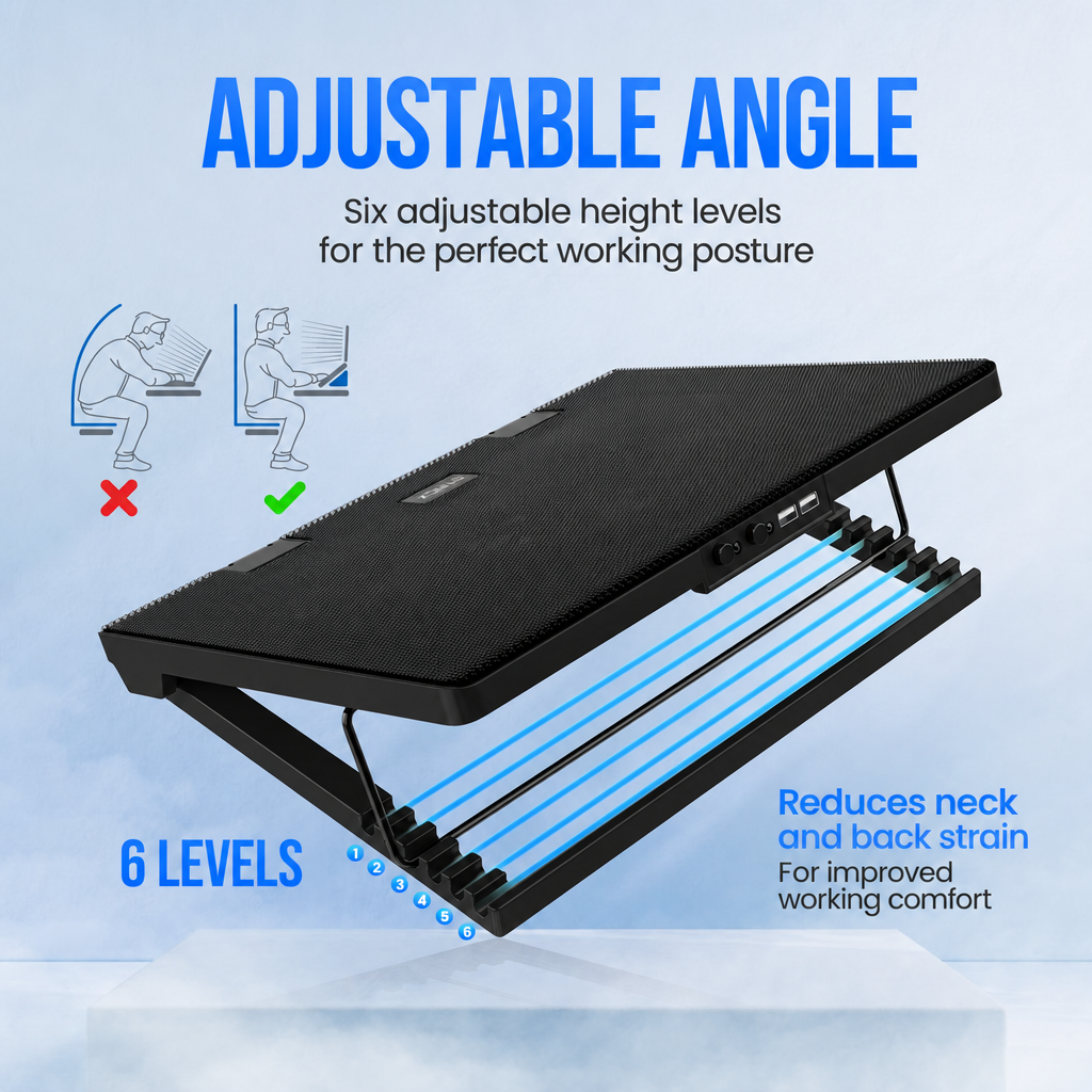 Supporto nero regolabile per laptop con sei livelli di altezza e luce blu.
