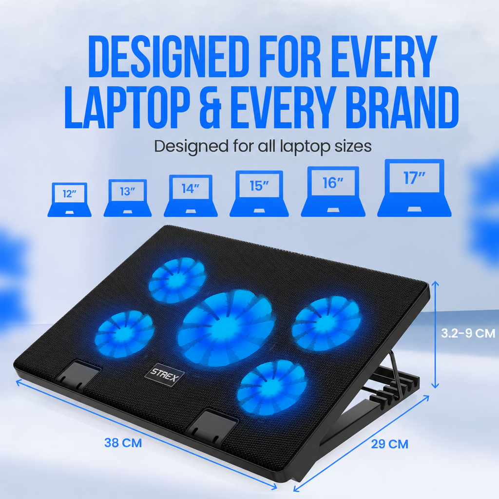 Base di raffreddamento per laptop con cinque ventole blu illuminate e dimensioni.