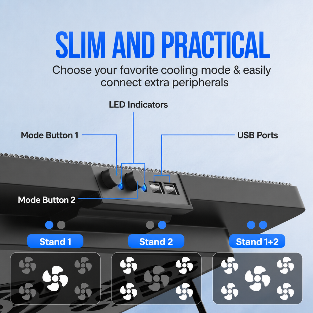 Base di raffreddamento per laptop con pulsanti, LED, porte USB e supporti.