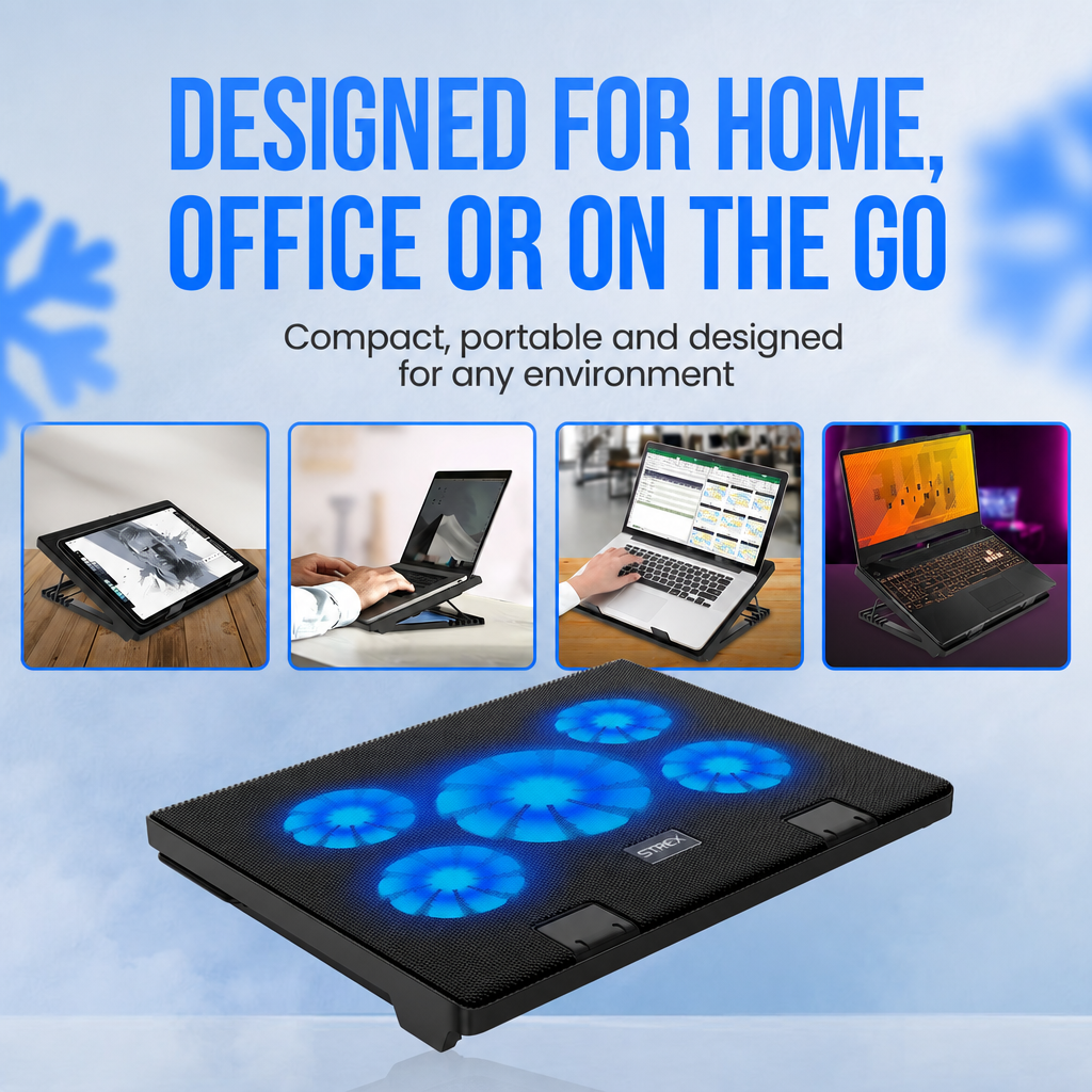 Base di raffreddamento nera per laptop con cinque ventole blu e esempi di utilizzo.