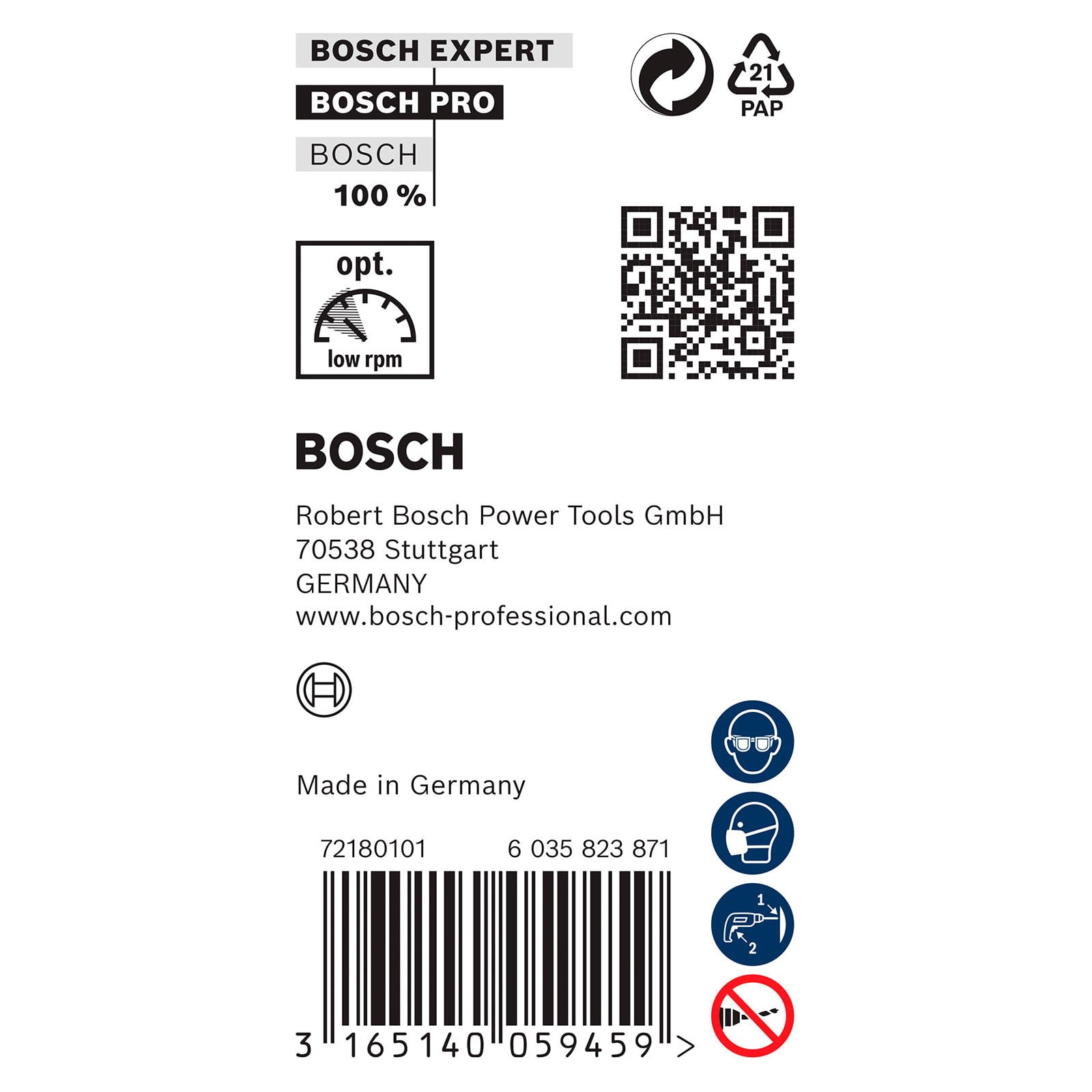 Bosch-Produktetikett mit QR-Code, Herstelleradresse und Sicherheitssymbolen auf weißem Grund.