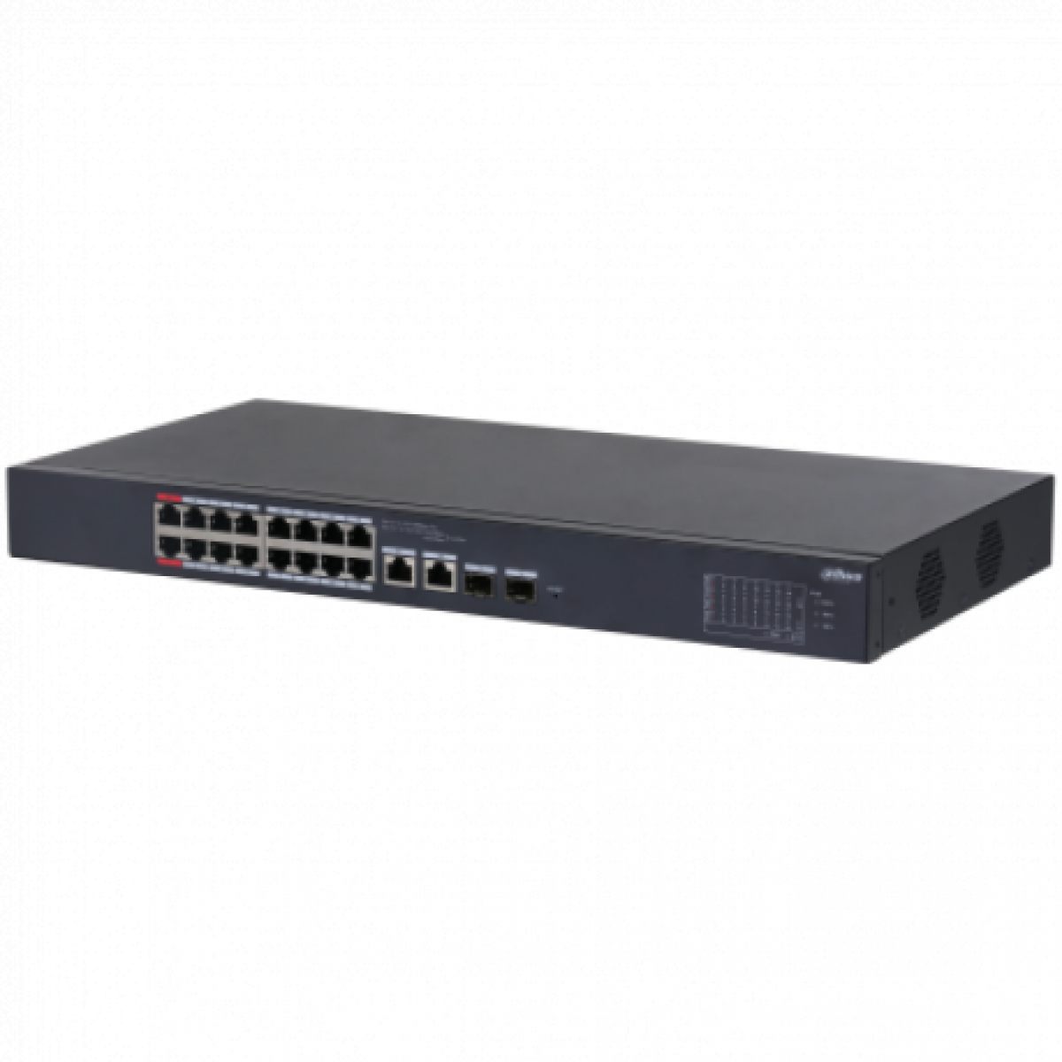 Çok sayıda Ethernet ve fiber optik bağlantı noktasına sahip siyah bir PoE ağ anahtarı.