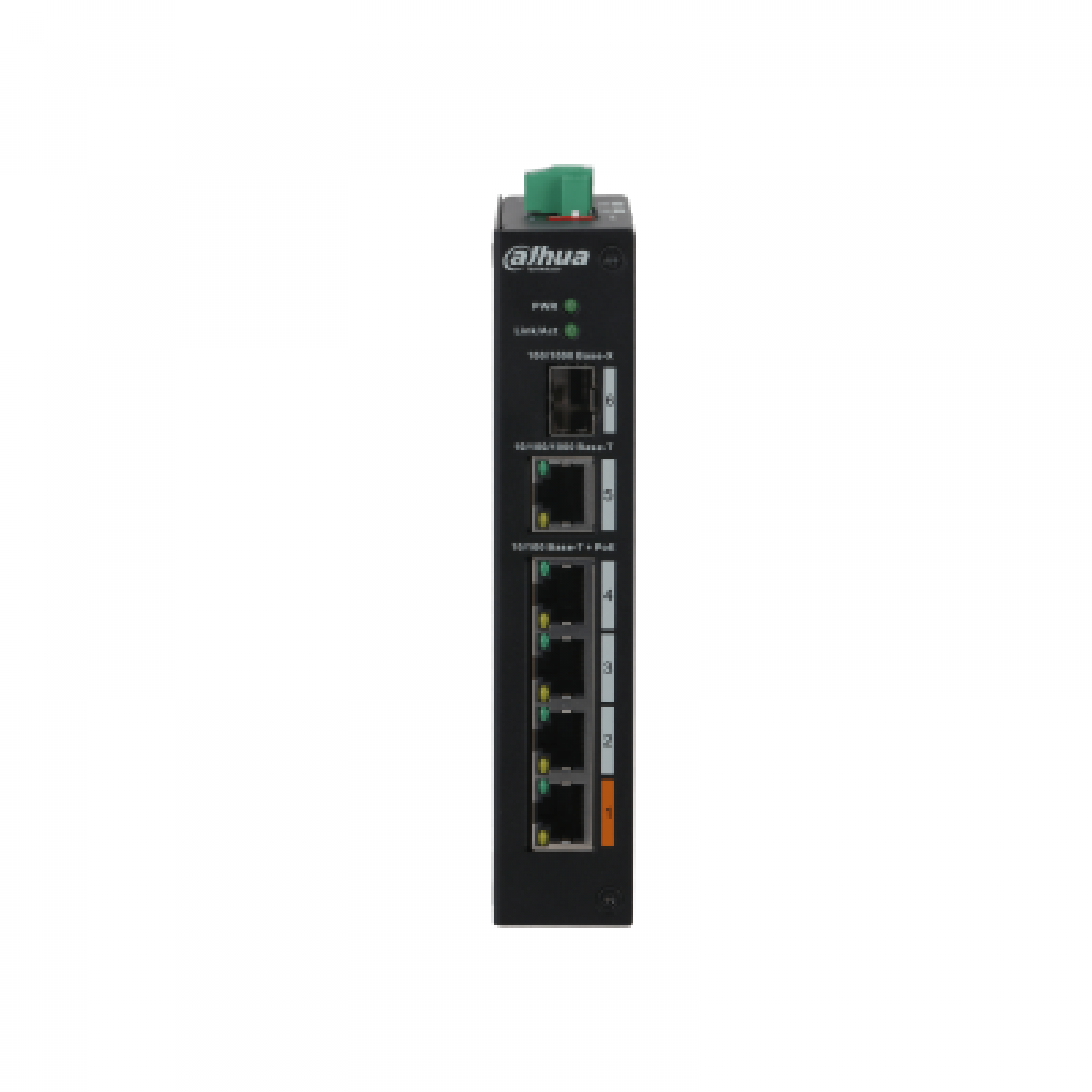 Beyaz arka plan üzerinde, üstte yeşil bir konektör ve birden fazla RJ45 bağlantı noktasına sahip siyah endüstriyel ethernet anahtarı.