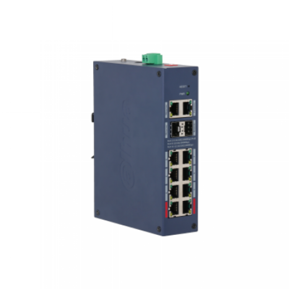 Beyaz arkaplanda çoklu RJ45 ve SFP portuna sahip mavi renkli endüstriyel ethernet switch.