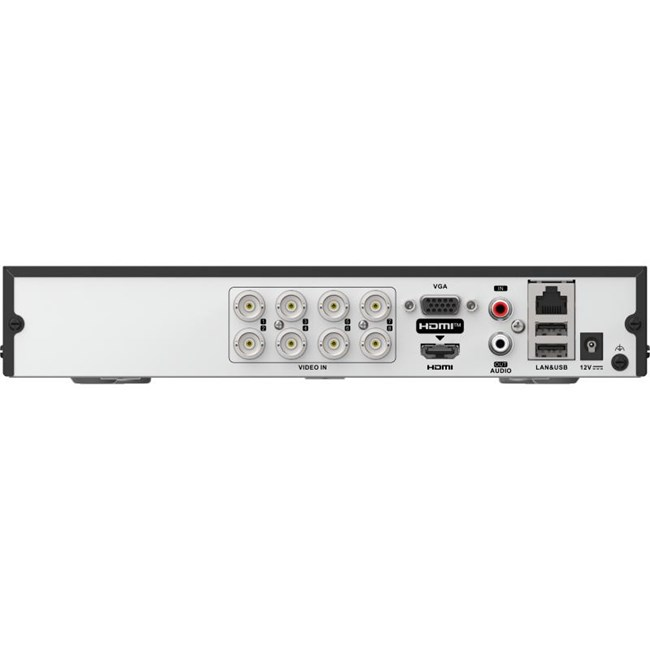 BNC video girişleri, VGA, HDMI, ses, LAN, USB ve 12V güç portlarına sahip bir DVR arka paneli.