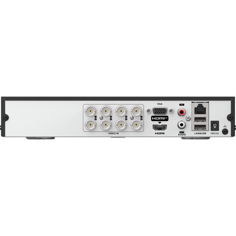 BNC, VGA, HDMI, ses, LAN, USB bağlantı noktaları ve güç girişine sahip bir güvenlik kaydedicinin arka paneli.