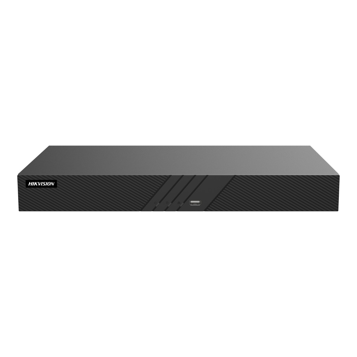 Çizgili ön panelli, durum ışıklı ve USB bağlantı noktalı siyah Hikvision ağ video kaydedicisi.