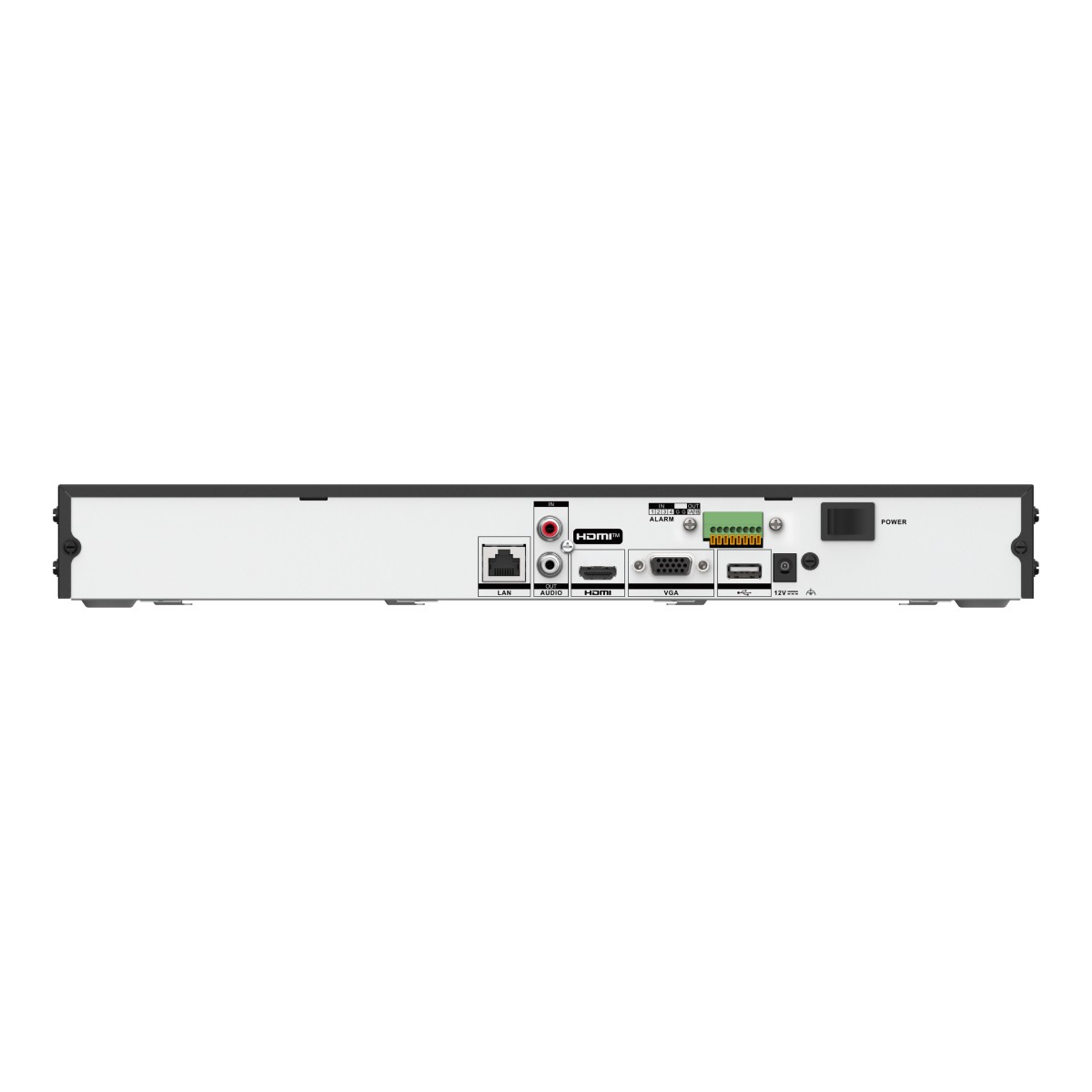 LAN, ses, HDMI, VGA, USB ve güç bağlantı noktalarına sahip elektronik bir cihazın arka görünümü.