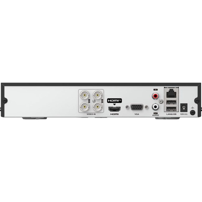 Video girişi, HDMI, VGA, ses, LAN, USB ve 12V güç bağlantı noktalarını gösteren güvenlik DVR cihazının arka paneli.