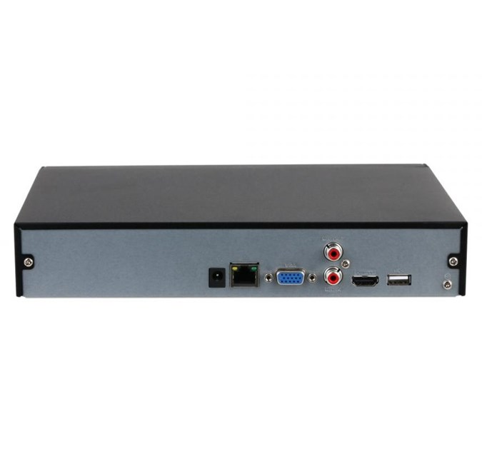 Güç, ağ, VGA, ses, HDMI ve USB bağlantı noktalarına sahip siyah bir DVR kutusunun arka görünümü.
