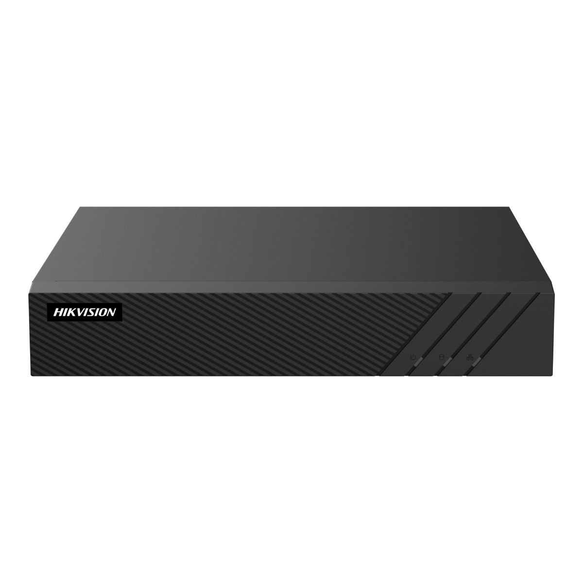 Ön kısmı desenli ve gösterge ışıklı siyah Hikvision DVR cihazı, beyaz arkaplanda.