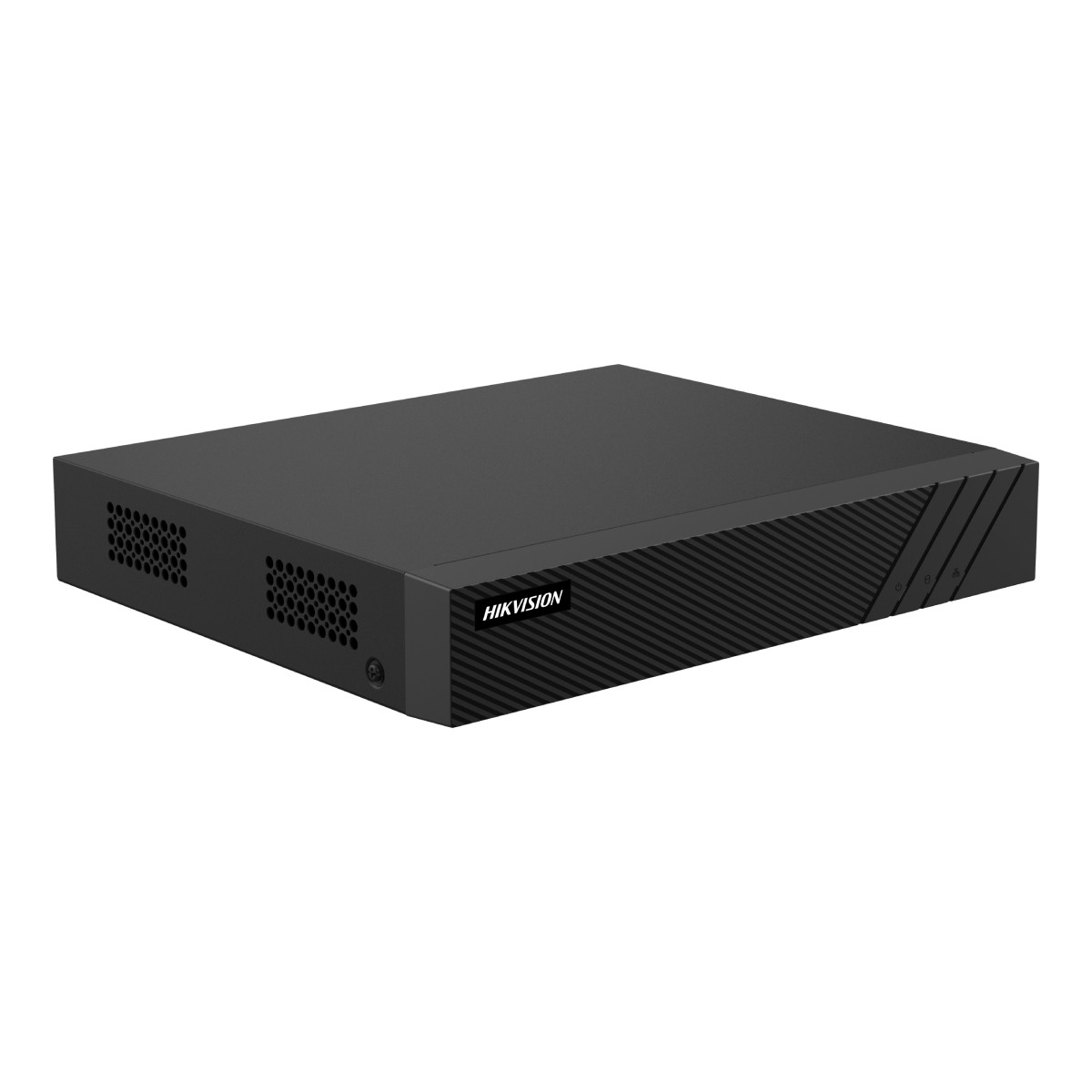 Yan taraflarda havalandırma ızgaraları ve dokulu ön paneli olan siyah bir Hikvision ağ video kaydedici.