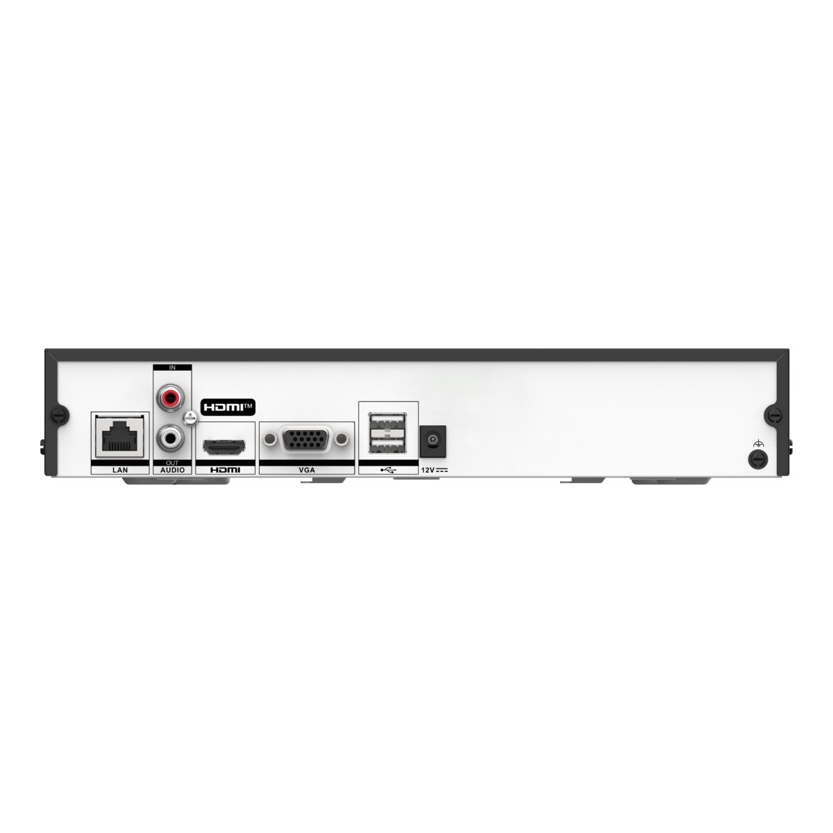 LAN, ses, HDMI, VGA, USB ve güç girişi bağlantı noktalarına sahip bir cihazın arka paneli.