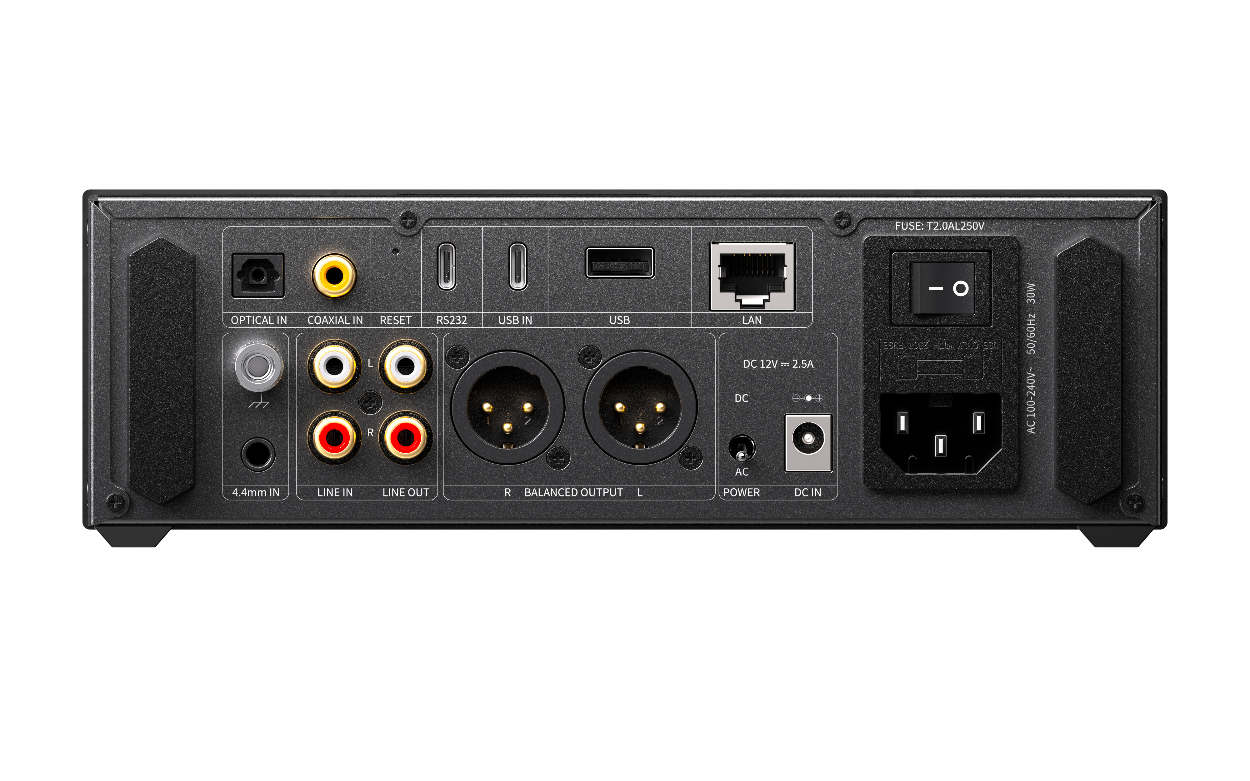 Panel trasero de un dispositivo de audio con puertos ópticos, coaxiales, USB, LAN, XLR y un interruptor de encendido.