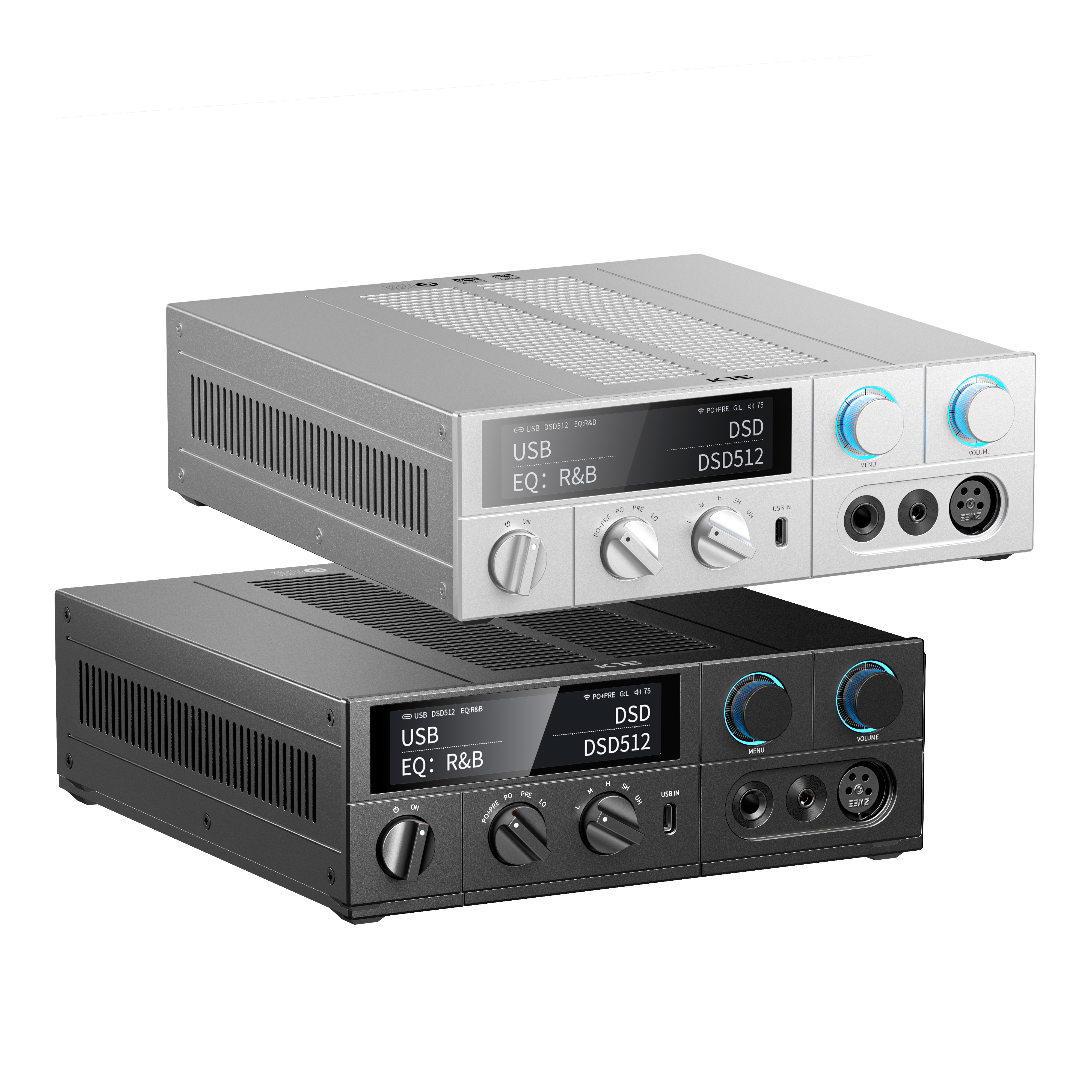 Dos amplificadores de audio plateados y negros con pantallas digitales, perillas y tomas para auriculares.