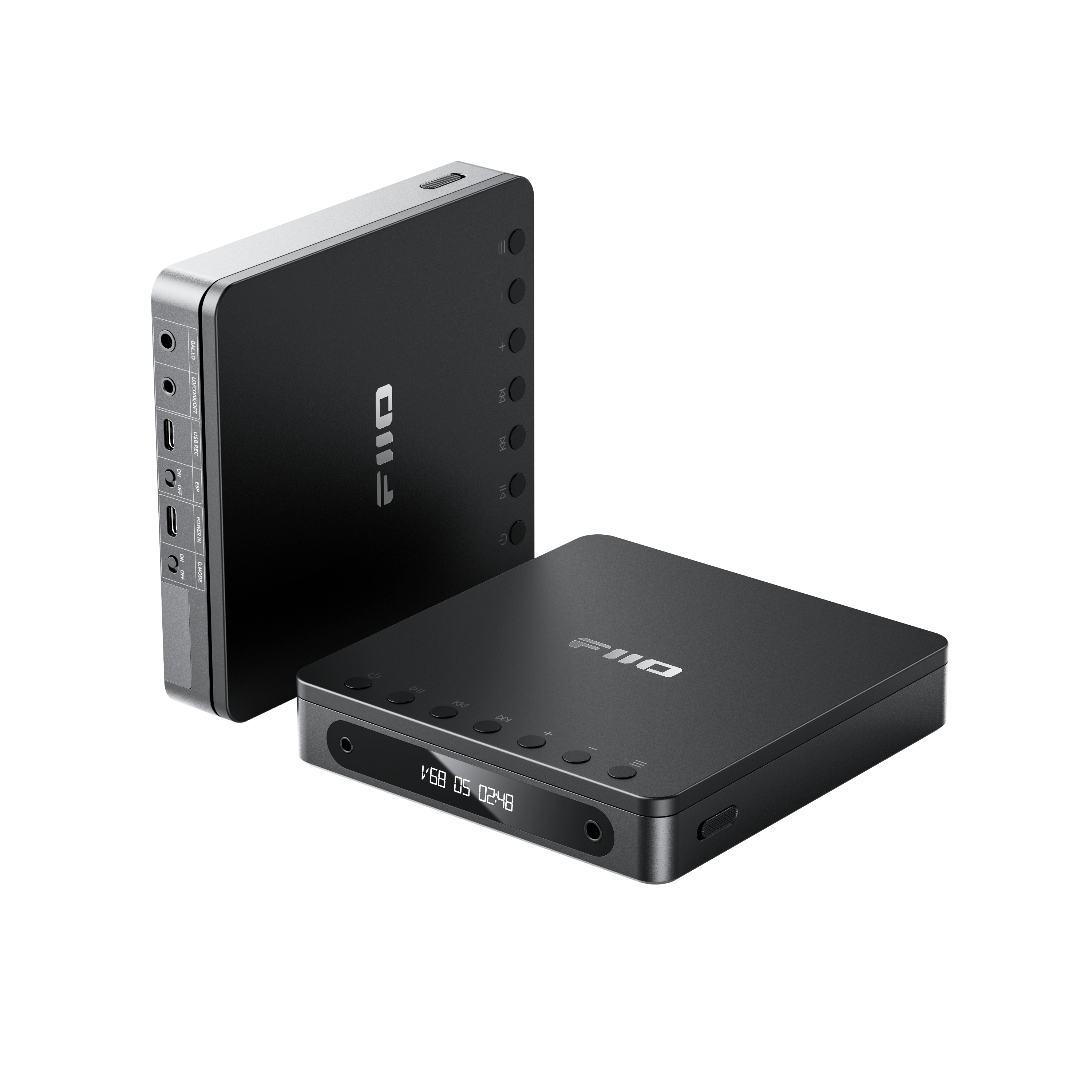 Dos dispositivos de audio FiiO negros y planos con puertos y pantalla sobre fondo negro.